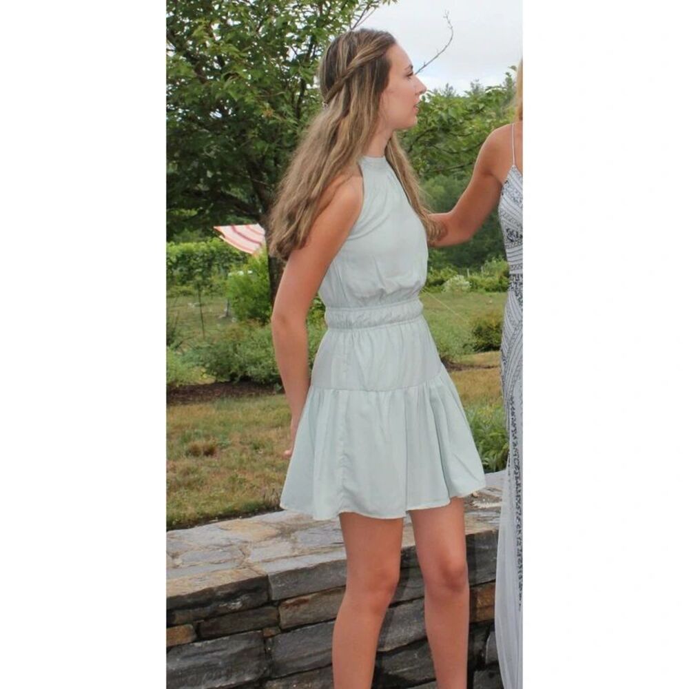 Japna Sage Green Halter Tiered Mini Dress Smocked Waist Size Small
